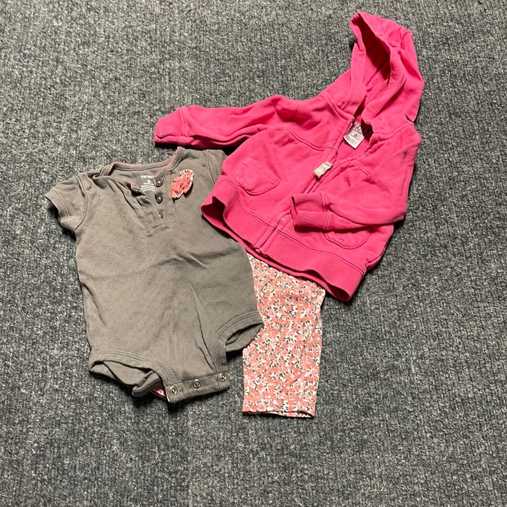 Carter’s 3-pc. outfit-zip up hoodie, onesie and pants-floral, pink and gray-6M